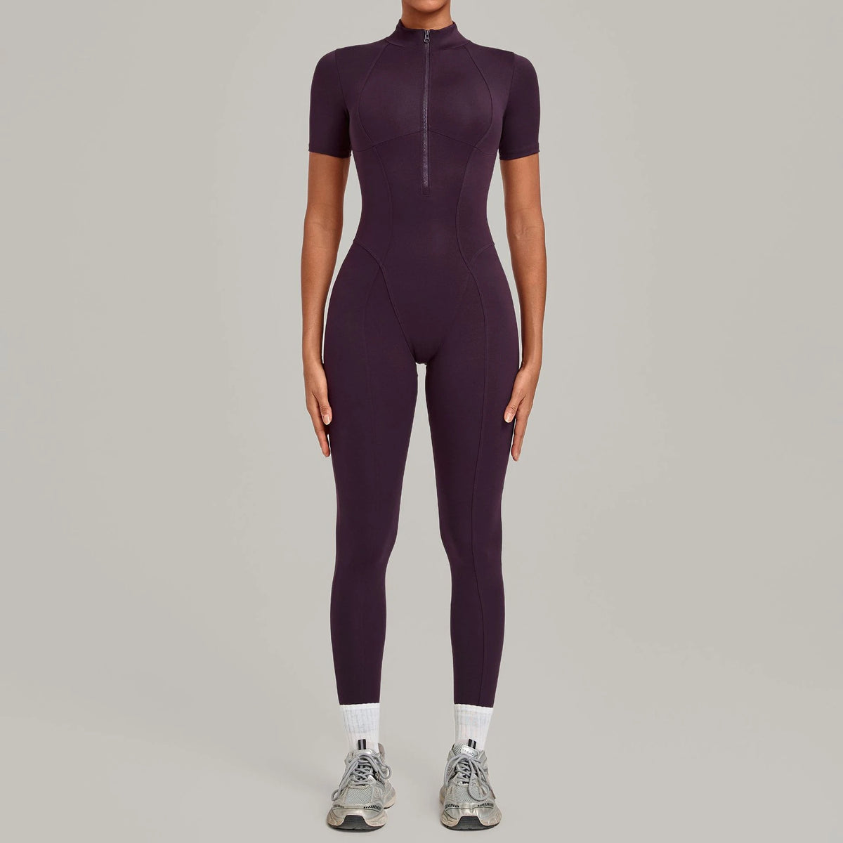 Half Zip Short Sleeve Sport Fitness Jumpsuit Women'S Tracksuits Yoga Set Bodysuits Sportswear Female Workout Tight Fitting Suits