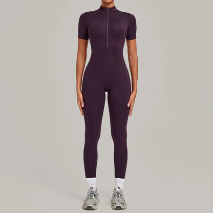 Half Zip Short Sleeve Sport Fitness Jumpsuit Women'S Tracksuits Yoga Set Bodysuits Sportswear Female Workout Tight Fitting Suits