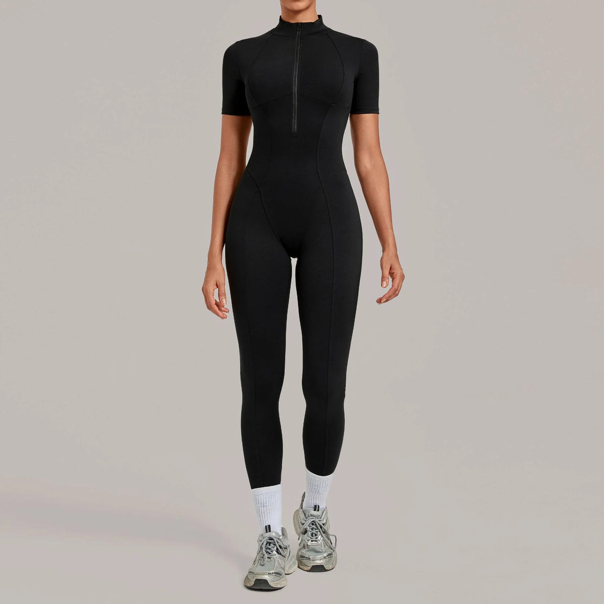 Half Zip Short Sleeve Sport Fitness Jumpsuit Women'S Tracksuits Yoga Set Bodysuits Sportswear Female Workout Tight Fitting Suits