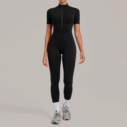 Half Zip Short Sleeve Sport Fitness Jumpsuit Women'S Tracksuits Yoga Set Bodysuits Sportswear Female Workout Tight Fitting Suits