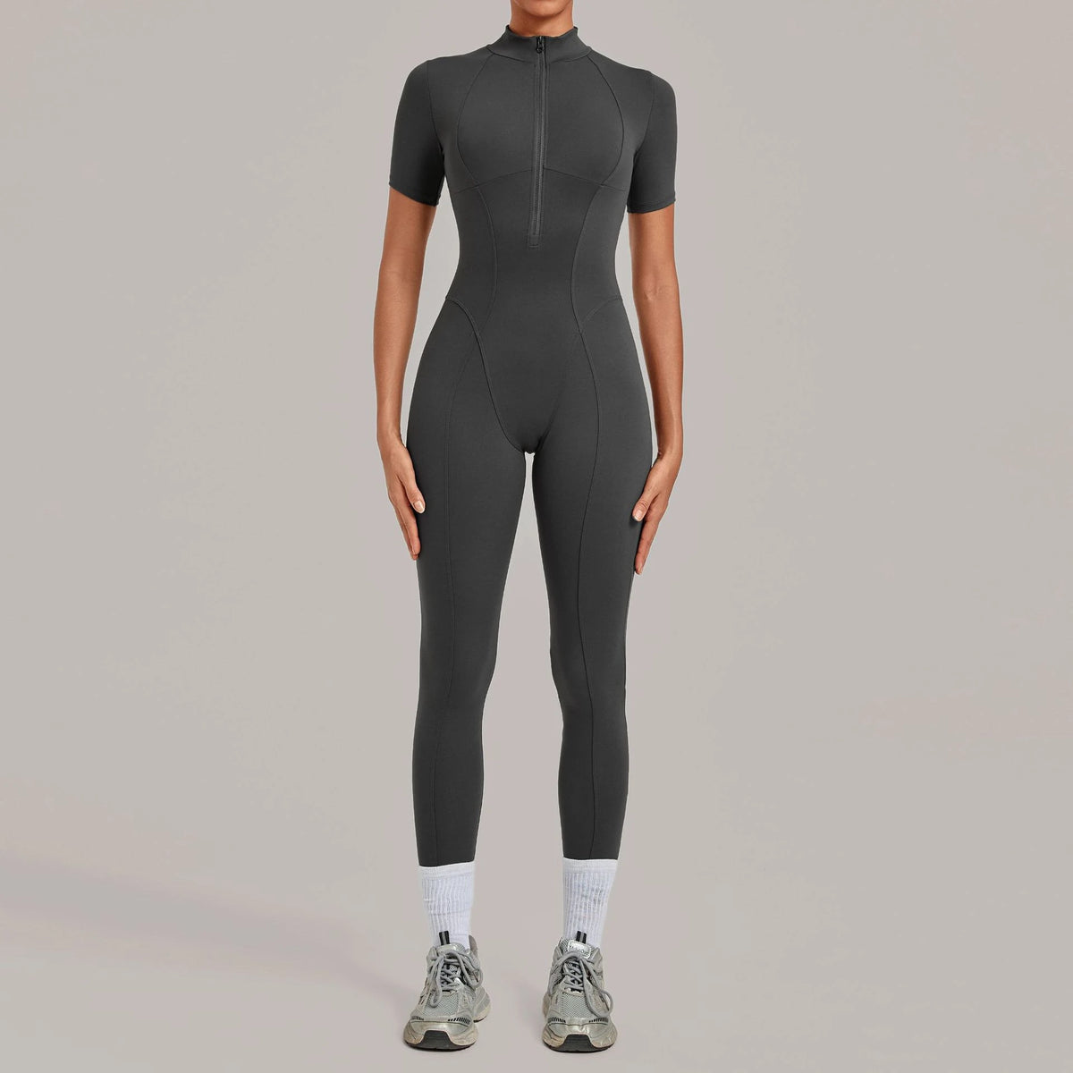 Half Zip Short Sleeve Sport Fitness Jumpsuit Women'S Tracksuits Yoga Set Bodysuits Sportswear Female Workout Tight Fitting Suits