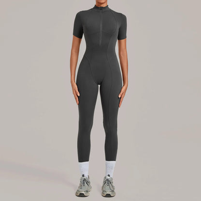 Half Zip Short Sleeve Sport Fitness Jumpsuit Women'S Tracksuits Yoga Set Bodysuits Sportswear Female Workout Tight Fitting Suits