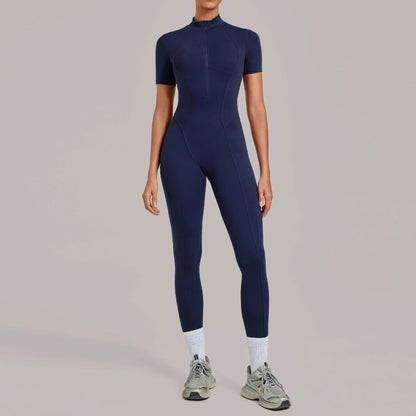 Half Zip Short Sleeve Sport Fitness Jumpsuit Women'S Tracksuits Yoga Set Bodysuits Sportswear Female Workout Tight Fitting Suits