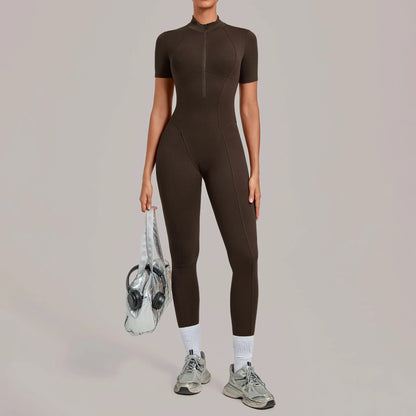 Half Zip Short Sleeve Sport Fitness Jumpsuit Women'S Tracksuits Yoga Set Bodysuits Sportswear Female Workout Tight Fitting Suits